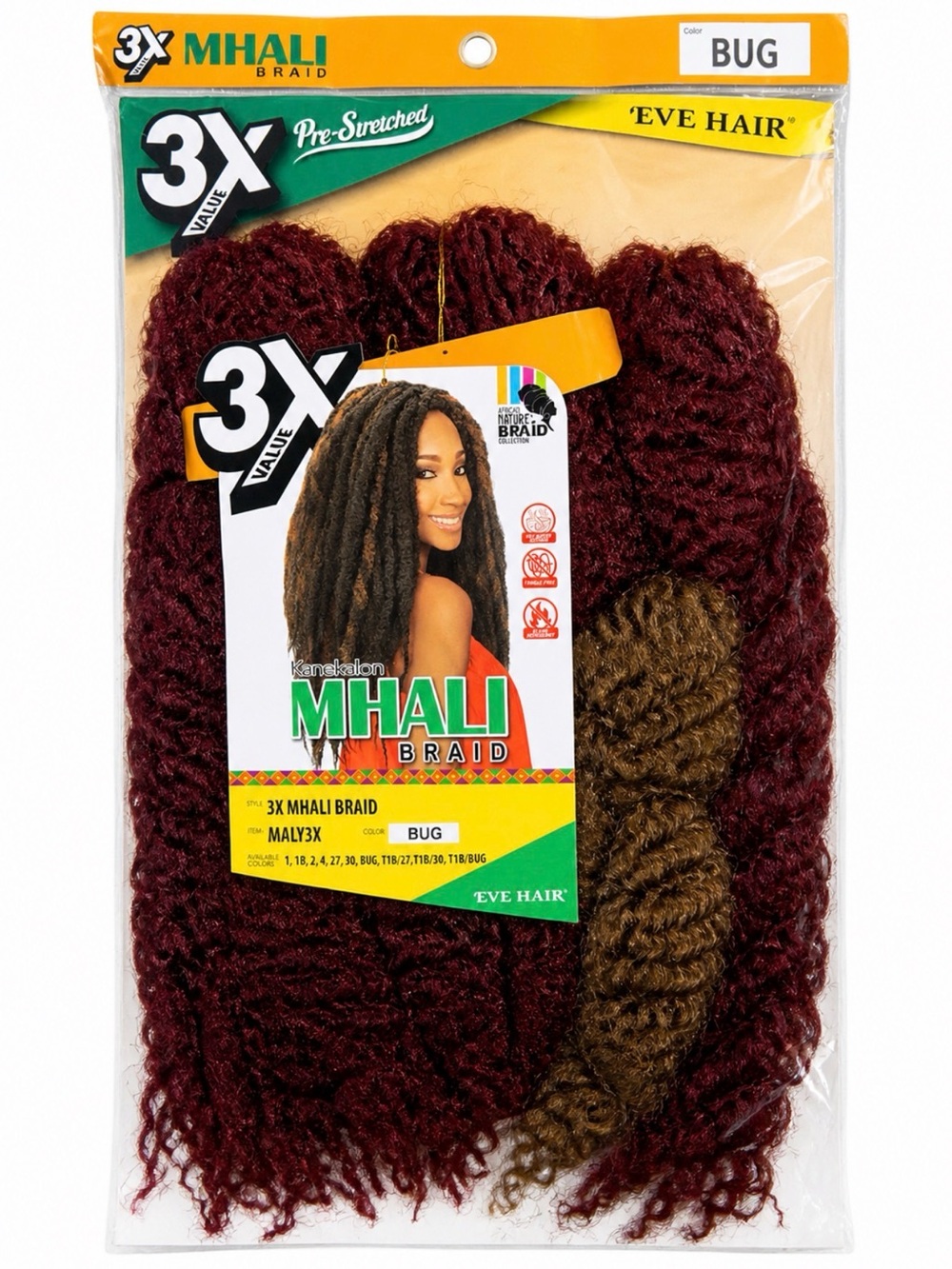3X‎ MHALI Braid Pre-Stretched Kanekalon Hair BUG Color Eve Hair New